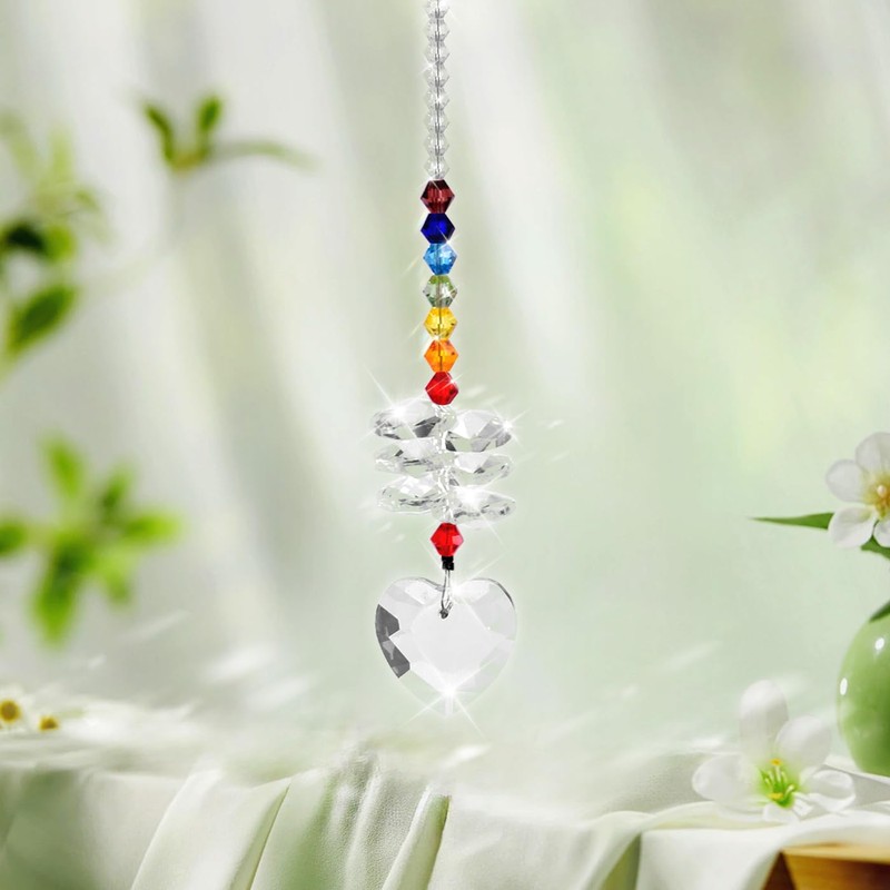 Libiline Crystal Rainbow Suncatcher with Chakra Beads, Clear Sweet Heart