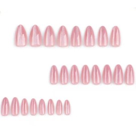 Hkanlre Almond Fake Nude Nails Tips Full Cover False Medium Nails Summer Flower Press on Nails for Women 24PCS
