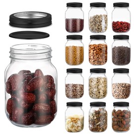 novelinks 16 OZ Clear Plastic Mason Jars with Airtight Lids - Plastic Mason Jars 16 OZ Plastic Jars with Lids for Kitchen & Household Storage (12 PACK, Black)