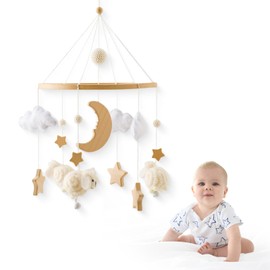 Promise Babe Baby Mobile Wooden Sheep Baby Wind Chimes with Felt Balls Wooden Star Moon Baby Girl Mobile Baby Bed Baby Table Changing Table Wood Crocheted Clouds Mobile Bell Bed Pendant Sheep Bed