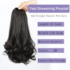 16 Inch Yaki Straight Drawstring Ponytail for Black Women Synthetic Kinky Yaki Ponytail with Curly End (2#)
