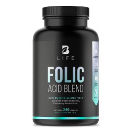 Ácido Fólico de 240 Cápsulas con Brócoli y Espinaca. Ingredientes Naturales. Folic Acid Blend B Life.