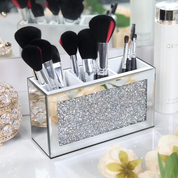 SHYFOY Mirrored Makeup Brush Holder Organizer, 3 Slot Glass Cosmetics Brushes Storage Holders with Crystal Crushed Diamond, Cute Pen and Pencil Holder for Desk, Eyeliners Display Case for Vanity