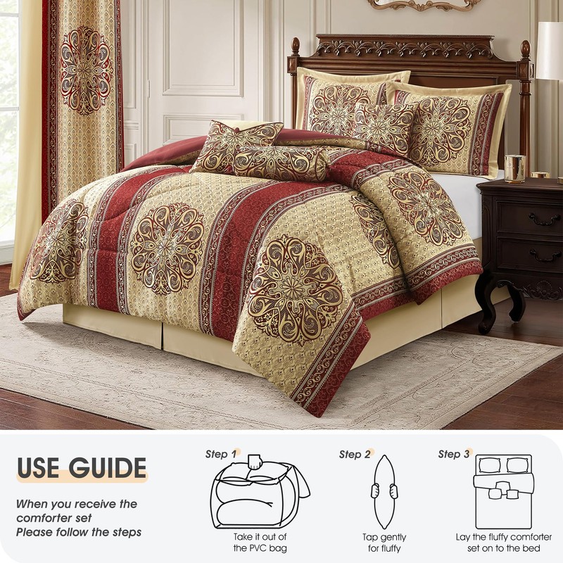 LANCO MODERN LIFESTYLE California King Comforter Set, Wine Gold Medallion
