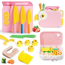 Kids Kitchen Knife Set for Real Cooking with Storage Box Pink, Montessori Kitchen Toy with Cutting Board, Plastic Toddler Knives, Peeler, Wooden Safe Knife for Age 3 4 5 6 7 8