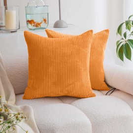 Demetex 65x65 Cushion Covers Corduroy Orange Cushion Cases for Autumn Decorative Solid Striped Euro Pillow Shams for Party Birthday Holiday, Set of 2, 65cm x 65cm, Orange
