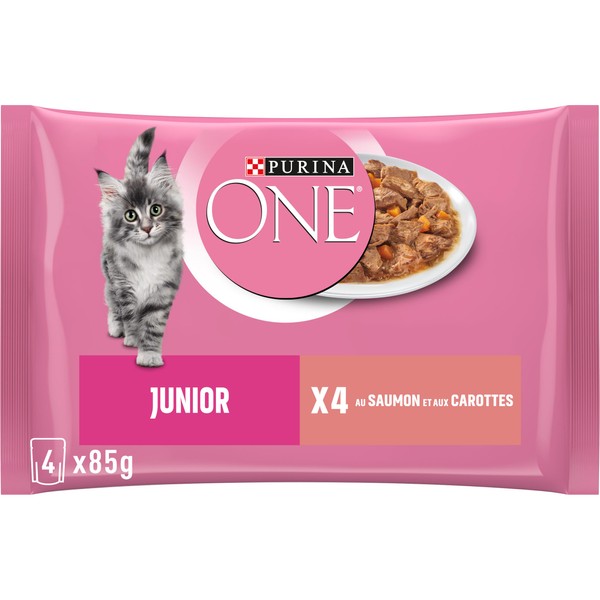 Purina One Junior Cat 1 to 12 Months with Salmon Fresh Sachet for Kittens, 4 x 85 g