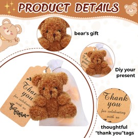 Hungdao 54 Pcs Mini Stuffed Plush Bear Baby Shower Decorations,18 Pcs 4.72 Inch Tiny Bears Gift 18 Pcs Organza Bags 18 Pcs Thank You Kraft Tags and Rope for Graduation Birthday Party Wedding(Brown)
