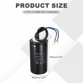 sourcing map 2 Pcs CD60 Run Capacitor, 500uF 250VAC 50/60Hz 2 Wires CD60 Motor Starting Capacitor for Washing Machine, Air Compressor, Refrigerator, Black