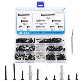 MEIYYJ 260pcs Phillips Wood Screws Assortment Kit,M3 Flat Head Wood Screws,Carbon Steel Black Self Tapping Screws,Ideal Screw for Drywall Sheetrock, Wood,Furniture Cabinet etc..