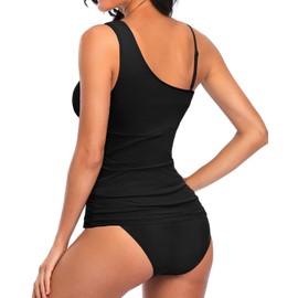 Talisea Two Piece Tankini Bathing Suit One Shoulder Swimsuit for Women Tummy Control Swimwear Black M