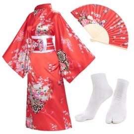 Japanese Anime Women's Kimono Robe Geisha Yukata Sweet Dress Blossom Satin Bathrobe Sleepwear Fans Tabi Socks Set Red