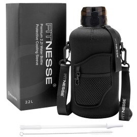 Fitnesse V2 2.2L Water Bottle with Straw, New Drop Proof Material, Phone, Keys Storage Sleeve, Leak Proof, Gym Large Water Bottle with Shoulder Strap, BPA Free - Black
