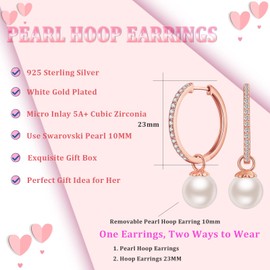 Pearl Hoop Earring Pearl Dangle Earring for Women Sterling Silver Cubic Zirconia CZ Diamond Pearl Dangling Earring 10MM Wedding Pearl Jewelry Rose Gold ZDaoBen