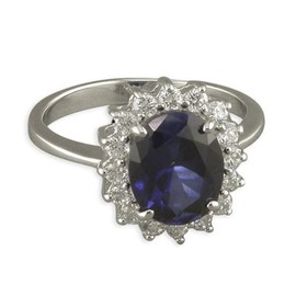 Womens Sterling Silver Blue Synthetic Sapphire & White Cubic Zirconia (CZ) Oval Cluster Engagement Ring - MEDIUM Replica Kate Middleton/Princess Diana Ring/The Royal Ring. Size M