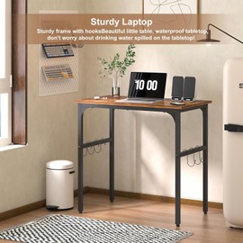 VECELO Small Computer Desk Water Proof Writing Desk with 4 Hooks Work Desk with Adjustable Feet Computer Desk for Small Space/Home Office/Dormitory 32 Inch,Rusic Brown