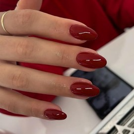 Uñas postizas acrílicas cortas y ovaladas de color rojo vino para mujer, uñas postizas reutilizables, redondas y gruesas, de gel suave, de color sólid