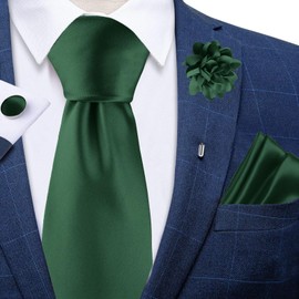 TASTION Dark Green Ties Set for Men, Emerald Green Necktie and Lapel Pin Woven Handkerchief Cufflinks Set for Wedding Party
