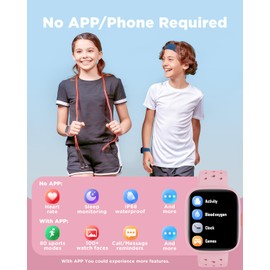 BIGGERFIVE Kids Smart Watch, 1.8" Fitness Watch Pedometer, Heart Rate, Sleep Tracker, IP68 Waterproof, Calorie Step Counter, Puzzle Games with/without APP for Girls Teens 5-16, Pink