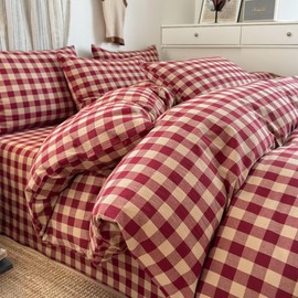 PinkMemory Red Gingham Duvet Cover Set Queen 100% Washed Cotton Beige Plaid Checkered Duvet Cover Full 3pcs Modern Grid Gingham Bedding Set with Zipper Closure Ultra Soft Breathable