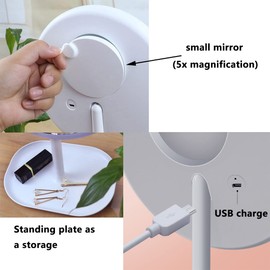 CigyYogy Desk Makeup Mirror with a Small Compact Mirror Magnetic Handheld Pocket Purse Size with Lights with 1x/5x Magnification Oblong Base - Great Gift for Girls Women - White -Pack of 2