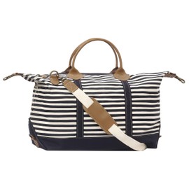 Tag&Crew Weekender Canvas Travel Duffle Signature Stripes Bag with Sturdy Leather Handles Metal Accessories Adjustable Removable Shoulder Strap Designed for Overnight Business Trips Vacations - Navy