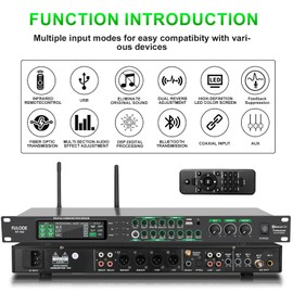 FULODE AX-666 Professional Karaoke Processor KTV Mixer with Dual Wireless Microphones, Digital Pre-Stage Effector Audio Vocal Effects Processor System with DSP Anti-Howling USB MP3 Bluetooth Optical