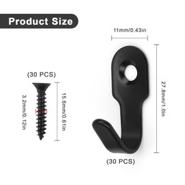 WJUAN Pack of 30 Stainless Steel Hooks for Screwing, 27 mm Retro Coat Hooks, Black, High Rust Resistance, Hooks for Key Holder, Suitable for Hallways, Bedrooms and Living Rooms