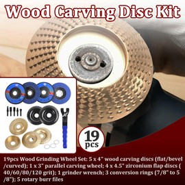 19 Pcs Wood Carving Disc Set for 4" & 4.5" Angle Grinder | Stump Tool Grinding Wheel Disc with 7/8"-5/8" Adapter Ring | Woodworking Cutting Shaping Sanding Polishing Discs Kit for Quick Carving
