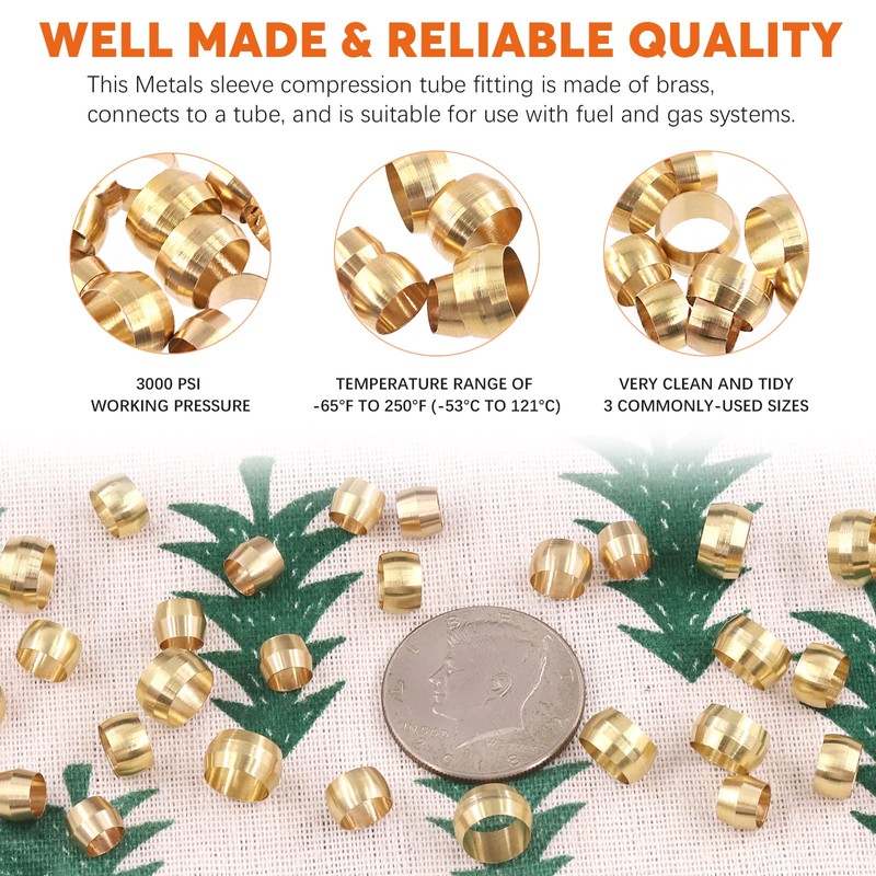 Rustark 105Pcs 1/4” 3/8” 1/2” Brass Compression Fitting Sleeves Ferrules