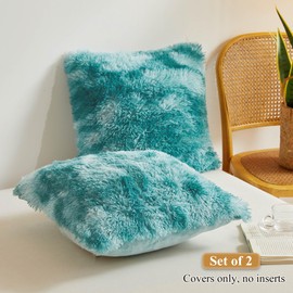 XeGe Tie Dye Faux Fur Throw Pillow Covers, Luxury Fluffy Plush Pillow Shams, Ombre Shaggy Decorative Pillow Cushion Cover for Sofa Bed Couch Zipper Closure, Pack of 2(18''x18'', Tie Dye Teal Green)