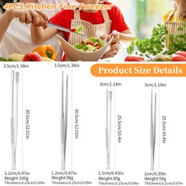 4 PCS Kitchen Fine Tweezer Set, 2 PCS Round & 2PCS Straight Serrated Tips Tongs Tweezer, 25CM & 30CM Cooking Tweezers, Stainless Steel Food Tweezers for Sea Food BBQ Medical Beauty Repairing (4Sivery)