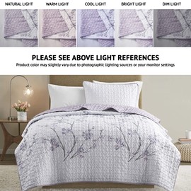 Comfort Spaces Reversible Quilt Set-Vermicelli Stitching Design All Season, Lightweight, Coverlet Bedspread Bedding, Matching Shams, Twin/Twin XL (66 in x 90 in), Kate Floral Purple 2 Piece