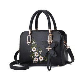 NICOLE & DORIS Elegant Handbag Shoulder Bag Women's Small Handbag with Embroidery Flower Women Shoulder Bag PU Leather Crossbody Bag, black, L