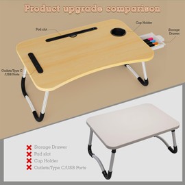 FUNITO Folding Laptop Desk with USB & Type C Charging Ports, 24-Inch Bed Desk with Storage Drawer and Cup Holder, for Bed for Working, Eating, Reading, and Watching Movies