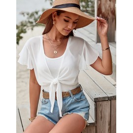 ZAFUL Women's Cardigans Shrugs for Dresses Short Sleeve Chiffon Cropped Bolero Sheer Cover ups L White