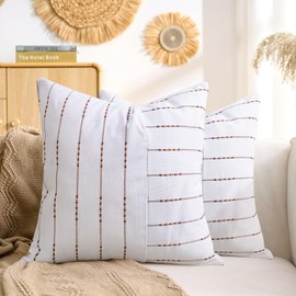 White and Brown Striped Pillow Covers 18x18-2Pcs Boho Farmhouse Decorative Throw Pillow Covers for Couch Bedroom Living Room -Neutral Textured Square Cushion Covers,Modern Rustic Cottage Core Decor