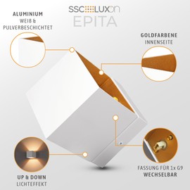 SSC-LUXon EPITA Set of 2 Wall Lights Indoor White Gold Modern Wall Lighting Up Down in Vintage Design with 1x G9 Socket 230 V