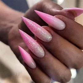IQXGE Long Stiletto Acrylic Press on Nails Artificial Acrylic Nails Press Ons Full Cover Glue on Fake Nail with Bling Glossy Designs Pink Ombre Stick on False Nail for Women