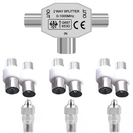 TV Aerial Splitter – 2-Way Coaxial Splitter (1 Female to 2 Male) with 7 TV Aerial Connector Adapters – Compatible with Cable TV & Antenna – Shielded Metal Housing & Signal Booster