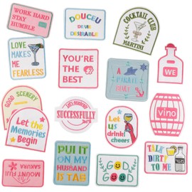 Xanthelle Iron-On Patches, 16 Different Embroidery Patterns with Drinks Motifs, Embroidered Iron-On Patches for Textiles, DIY Patches Design Yourself
