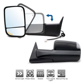 ReYee Towing Mirror compatible for 1998-2001 Dodge Ram 1500 1998-2002 Dodge Ram 2500 3500 with Power Adjust Heated LED Turn Signal Light Arrow Signal on Glass Manual Folding Black Cap LH RH
