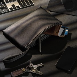 Black Men's Handbag, Handmade PU Leather for Travel, Everyday Clutch Bag, Wrist Bag with Zipper for Men, black