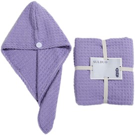 ANUFER Womens 2 Piece Waffle Bath Towel + Hair Towel Wrap Bathing Set for Shower Sauna Spa Beach and Travel, Purple