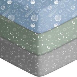 Unnivoll Baby Crib Sheets for Boys Girls, Fitted Crib Sheet Neutral 3 Pack for Standard Crib and Toddler Mattress, Breathable Soft Microfiber Baby Sheet 28x52x8in Green Gray Constellation