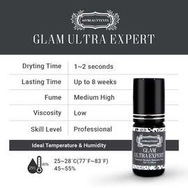 Ultra Strong, Ultra Fast Dry Eyelash Extension, Glam Ultra Expert, Semi-Permanent Eyelashes, Dry Time 1-2 Seconds / Lasts Up to 7-8 Weeks / Latex Free