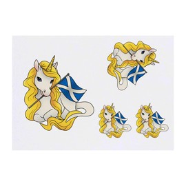 4 x 'Scottish Unicorn With Flag' Temporary Tattoos - Water Resistant, Skin-Safe, Non-Toxic Transfers, Mixed Sizes (TO00079890)