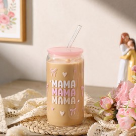 Xelewooz Mothers Day Gifts for Mom from Son Daughter – 16oz Mama Glass Cup with Lid and Straw for Iced Coffee, Birthday Gifts for Mother, Best Mom Gifts