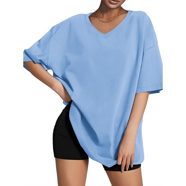 ATHMILE - Camisetas de gran tamaño con cuello en V, media manga, acogedora, cómoda, túnica 2024 Y2K, casual, estilo casual, Azul (Ice Blue), M