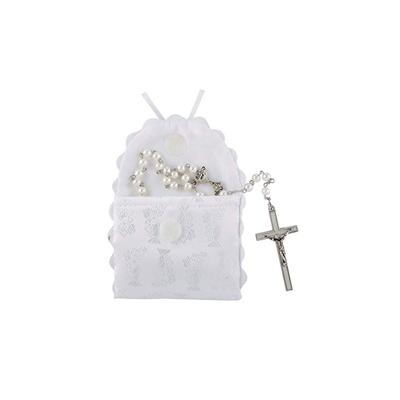 First Communion White Satin Brocade Rosary Case with Chalice Design,